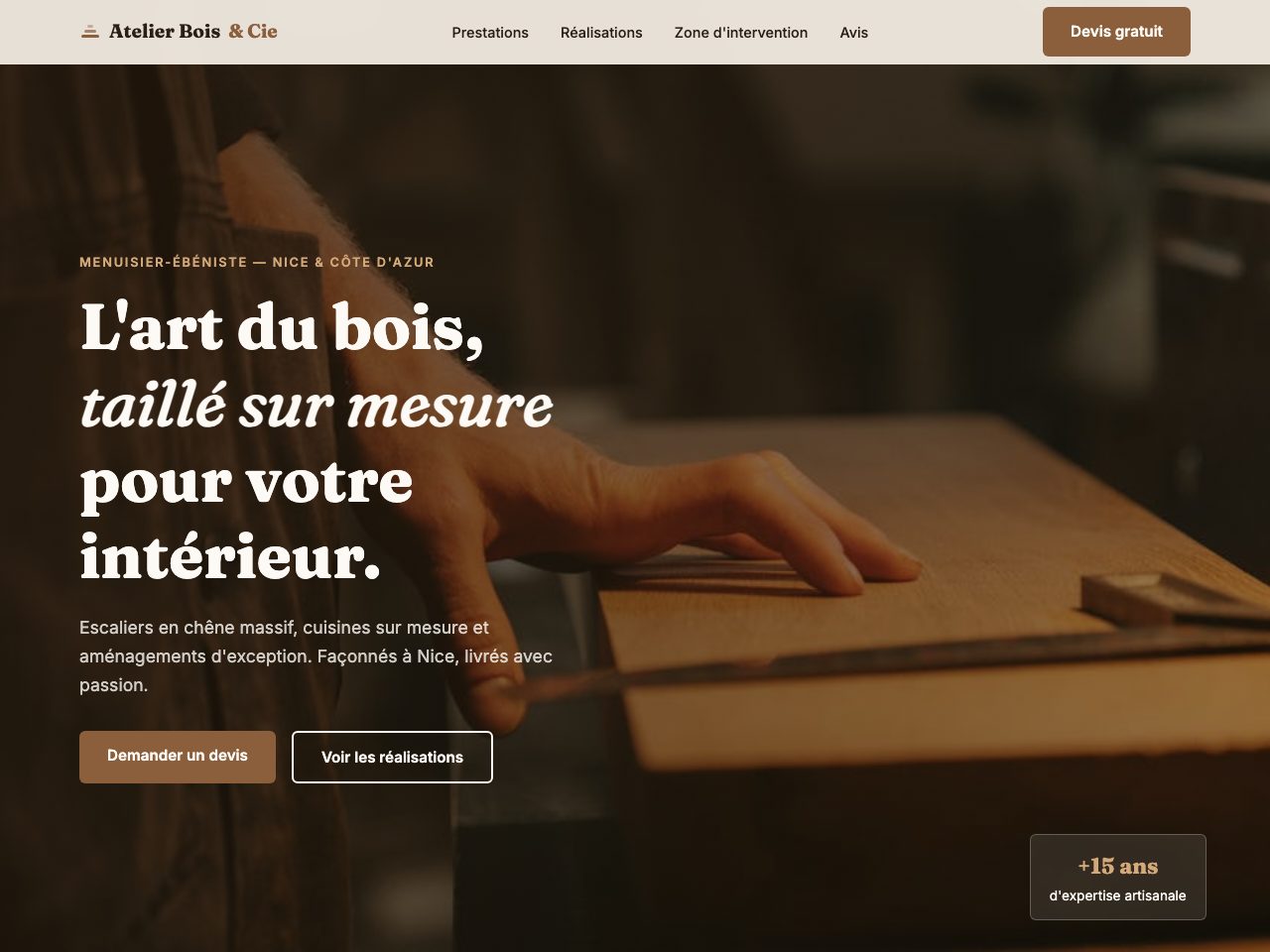 Site créé pour Atelier Bois & Cie, Artisan à Nice