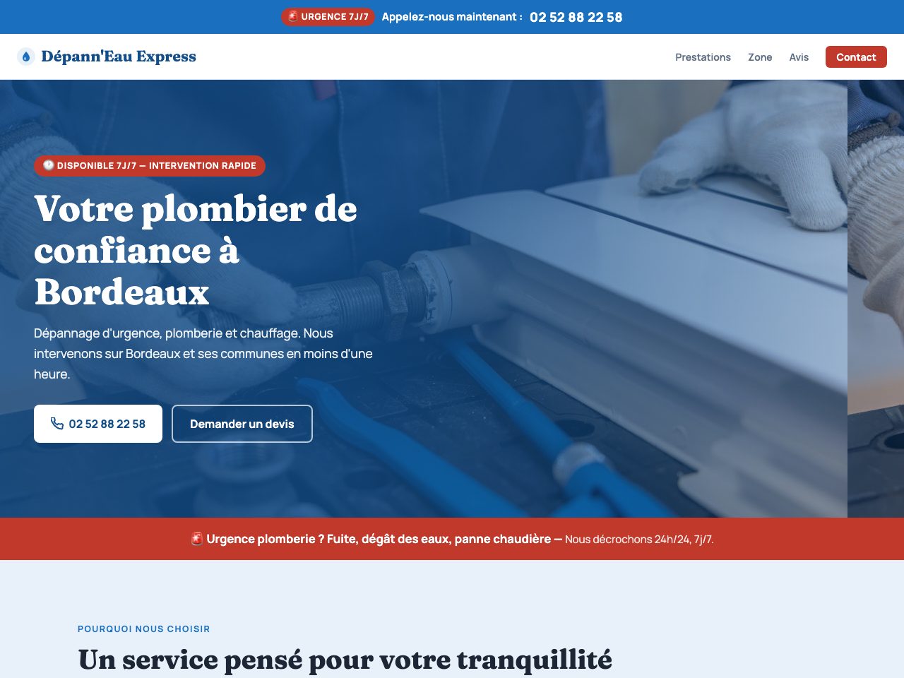 Site créé pour Dépann’Eau Express, Plombier à Bordeaux